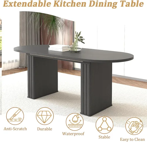 Vista 4 de Pvillez Extendable Dining Table Set of 8, Black Oval Dining Room Table & 8 Black Velvet Dining Chairs with Wood Leg, 62.99"-78.74" Kitchen Table and