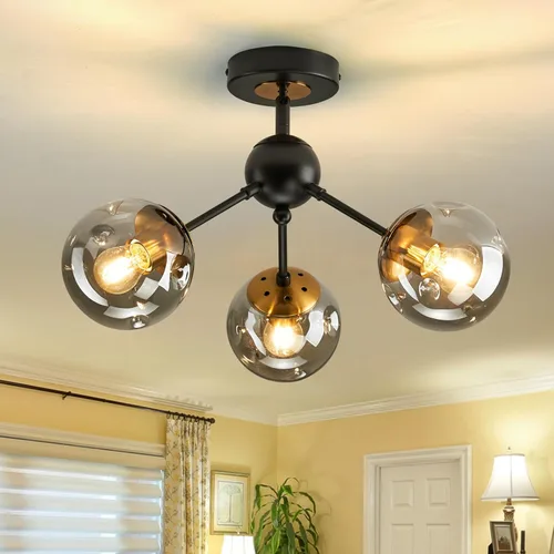 SZXYKEJI Lámpara de araña de 3 luces, luminaria de techo semiempotrada vintage con globo de vidrio, lámpara de techo negra para pasillo, escalera,