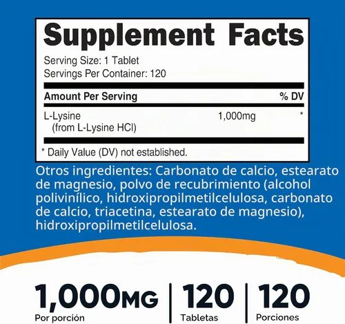 Vista 2 de Nutricost L-Lisina (1000 mg) 120 Tabletas, Sin Gluten