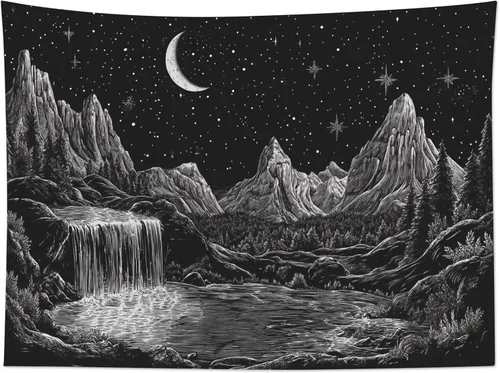 Vista 5 de HVEST Black and White Mountain Tapestry Wall Hanging Moon Psychedelic Galaxy Space Wall Art Tree Forest Nature Landscape Tapestry for Bedroom Living