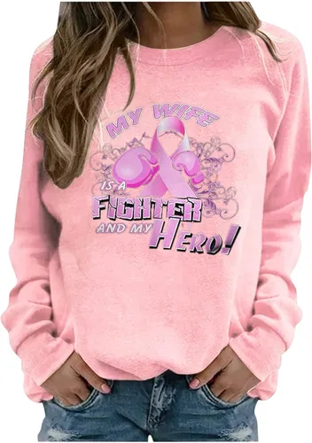 Breast Cancer Shirts for Women Pink Ribbon Crewneck Awareness Sweatshirt Casual Loose Long Sleeve Pullover Blouse Tee