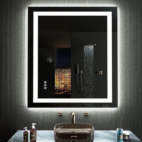 Vista 238 de LOAAO Espejo de baño LED de 28 x 36 pulgadas con luces, antiniebla, regulable, retroiluminado + iluminado frontal, espejo de tocador de baño