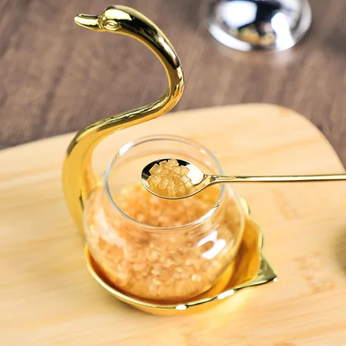 Vista 2 de Contenedor de condimentos para condimentos, tarro de vidrio para especias, estante de cisne con cuchara de servir, sal y azúcar, pimienta