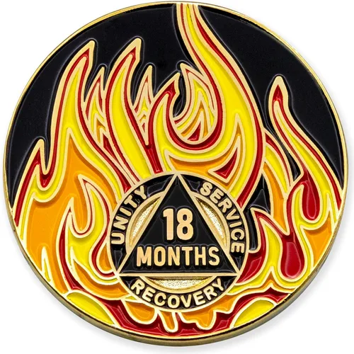 Vista 89 de Medallón de recuperación AA chapado en oro de 1 año Twisted Flames - Negro/Rojo/Naranja/Amarillo