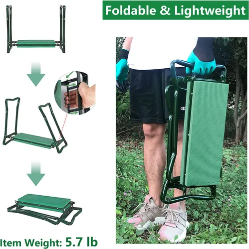 Vista 6 de BESTHLS Rodillero y asiento de jardín, taburete plegable resistente con almohadilla gruesa, 2 bolsas de herramientas, capacidad de 330 libras