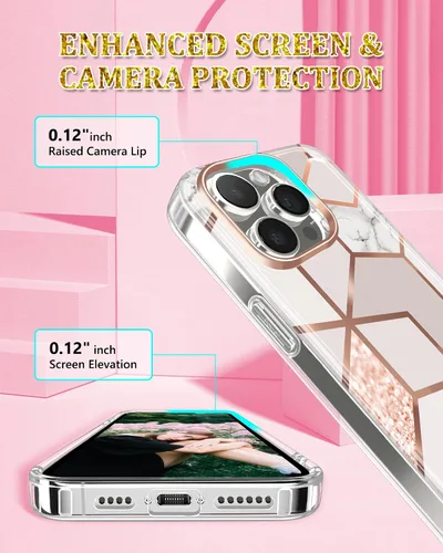Vista 4 de JAHOLAN Funda diseñada para iPhone 15 Pro Max con purpurina brillante, protección de mármol, a prueba de golpes, delgada, protección contra caídas