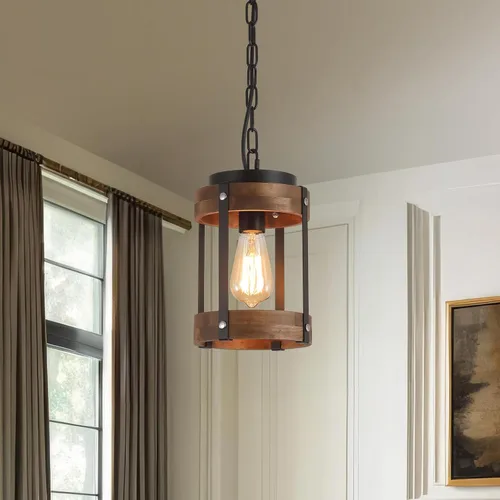 Vista 7 de Lámpara colgante de madera rústica de granja con cadena ajustable de una sola luz de madera de roble y farol de metal, iluminación colgante pequeña