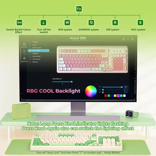 Vista 4 de AULA Teclado para juegos S99, teclados de computadora inalámbricos, triple modo Bluetooth2.4GHzUSB-C, teclado cremoso personalizado con teclado