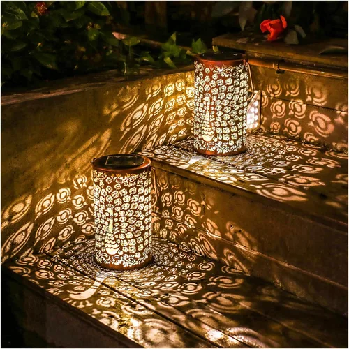Vista 9 de Paquete de 2 linternas solares colgantes de libélula al aire libre, impermeables, luces LED solares de metal, linternas decorativas para jardín