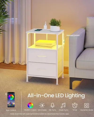 Vista 5 de SONGMICS BELLAH Collection - Mesita de noche con estación de carga y luces LED ajustables controladas por aplicación, mesa auxiliar de cama, 2