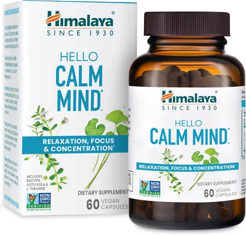 Himalaya Hello Calm Mind - Suplemento de hierbas con bacopa, L-teanina, Gotu Kola, apoya la concentración y la concentración, la función cognitiva,