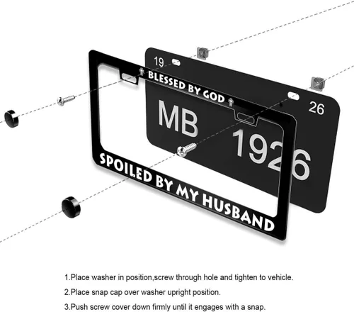 Vista 4 de Blessed by God Spoiled by My Husband - Marco de matrícula de acero inoxidable, divertidos marcos negros con 2 agujeros y tornillos de 12 x 6