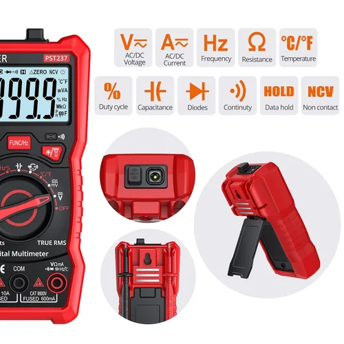 Vista 2 de Proster Multímetro digital de 6000 cuentas - TRMS Rango automático multiprobador, detector NCV Voltaje CA/CC Corriente Temperatura Multímetro