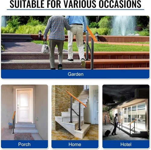 Vista 7 de Kit de pasamanos de escalera al aire libre UOKRR, pasamanos de hierro con grano de madera para interior, se adapta a 1-2 escalones