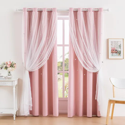 Vista 18 de Anytime - Cortinas para dormitorio de niñas con estrella hueca, cortinas opacas para habitación de niños, cortinas largas para oscurecer la Beige