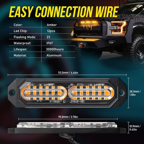 Vista 8 de Luces LED de rejilla para camiones, 12 luces LED ámbar, luz estroboscópica de parrilla de montaje en superficie de emergencia, mini barra