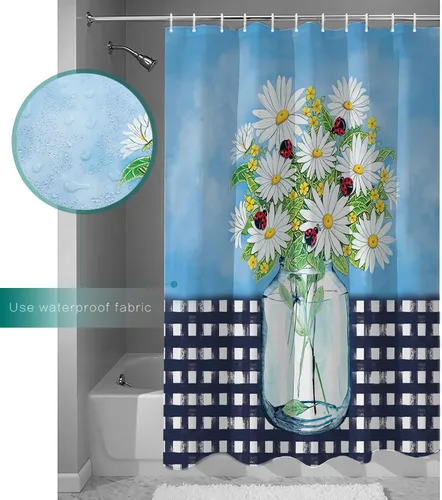 Vista 6 de Waterproof Shower Curtain Sets with 12 Hooks, Daisy Black and White Plaid Blue Sky 72x72 Inches Bathroom Decoration Shower Curtain for Bathtub
