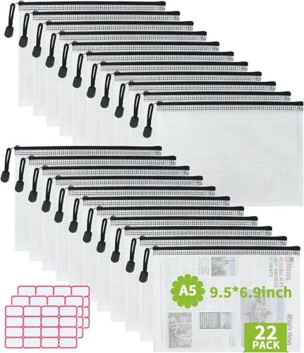 Vuzvuv Juego de 22 bolsas de malla con cremallera de 9.49 x 7.09 pulgadas, resistentes carpetas de documentos, bolsa de malla de plástico con Negro