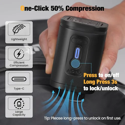 Vista 7 de Bolsas de vacío para viajes con bomba, juego de 3 tamaños, bolsas de compresión al vacío reutilizables para equipaje, ahorro de espacio IP67, cubos