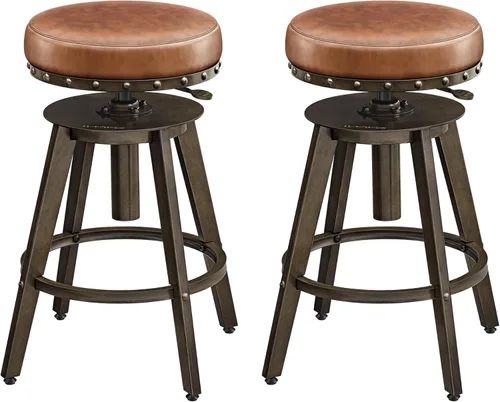 SONGMICS Home Taburetes de bar, juego de 2, taburete Steampunk para cocina, altura ajustable y asiento acolchado giratorio, taburete de banco de