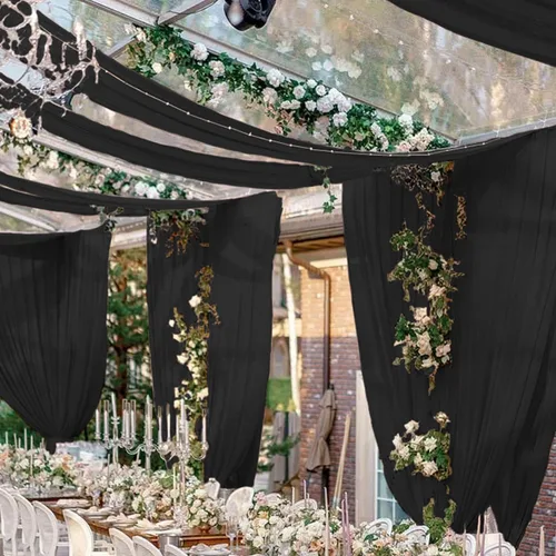 Vista 14 de Cortinas de techo para arco de boda, tela blanca de 5 x 20 pies, 2 paneles de decoración de arco para ceremonia, cortinas de gasa para cenador