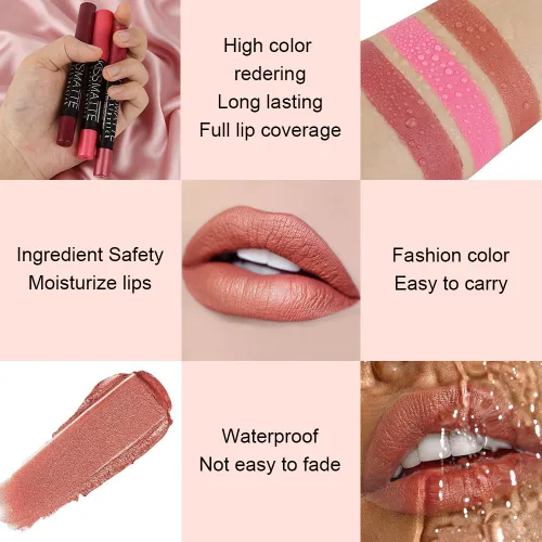 Vista 4 de evpct 1Pcs Lápiz Labial Metálico Rosa Claro y Lápiz de Crayón para Labios Set para Mujeres, Mancha de Labios de Larga Duración Impermeable labiales