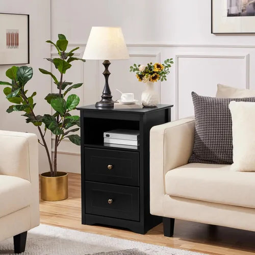 Vista 4 de Yaheetech Juego de 2 mesitas de noche, mesitas de noche de madera con 2 cajones y compartimento, 2 piezas de mesita de noche alta para dormitorio