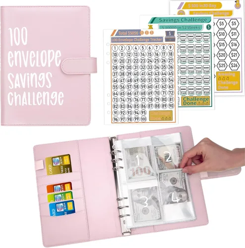 Ndsox Carpeta de desafíos de ahorro de dinero con 100 sobres, carpeta de presupuesto A5 con sobres de efectivo, libro de desafíos de ahorro para