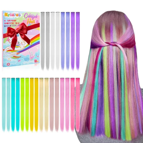 Vista 12 de Kyerivs 48 extensiones de cabello con clip de colores, regalo para niñas, extensiones de cabello arcoíris de 20 pulgadas para niñas, accesorios