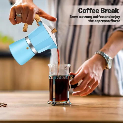 Vista 9 de Cafetera clásica de aluminio para 3 tazas, cafetera espresso de 5.1 fl oz, 5 onzas, cafetera de moca, olla greca, cafetera para café italiano y Azul