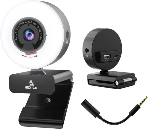 Vista 3 de NexiGo N930E Pro, cámara web 4K con luz de anillo, enfoque automático PDAF, 1080P @60FPS, micrófonos con doble cancelación de ruido, obturador