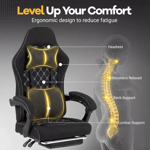 Vista 4 de Giantex Silla de juegos, silla ergonómica para computadora con reposacabezas, soporte lumbar, reposabrazos de conexión, respaldo reclinable