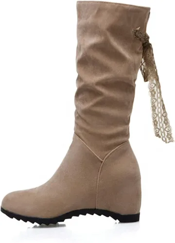 Vista 4 de Botas de media pantorrilla para mujer con tacón de cuña con cremallera, estilo clásico, de cuero redondo, cómodas botas vaqueras occidentales
