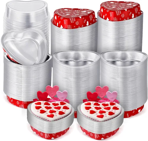 Vista 7 de Domensi Juego de 100 moldes de papel de aluminio en forma de corazón, mini tazas para cupcakes con tapas, molde para flan, desechables, para el día