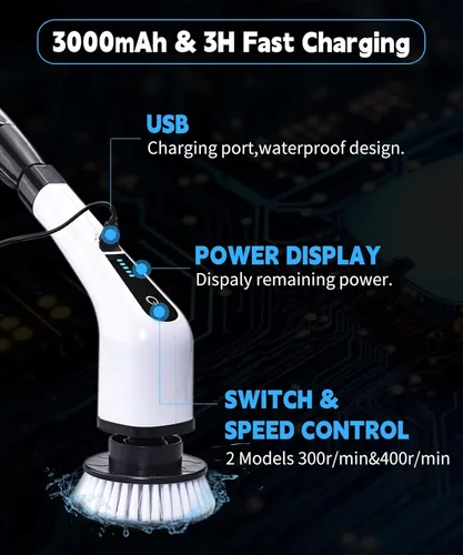 Vista 4 de Cepillo de limpieza eléctrico giratorio: limpiador de ducha inalámbrico para limpiar azulejos de bañera de baño con mango largo Limpiador
