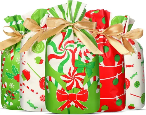 Funrous Bolsas de Favor con Cordón de Navidad Bolsas de Plástico para Dulces y Golosinas de Navidad para Niños Cumpleaños Envoltorio de Aperitivos