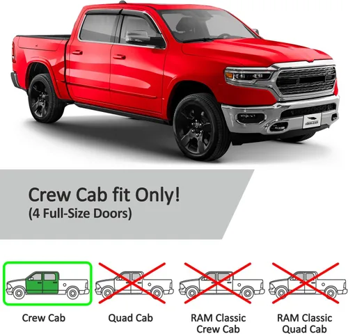 Vista 5 de Voron Glass Cinta adhesiva con borde cromado, protectores de lluvia extra duraderos para Dodge Ram 1500 2019-2026 cabina doble, deflectores