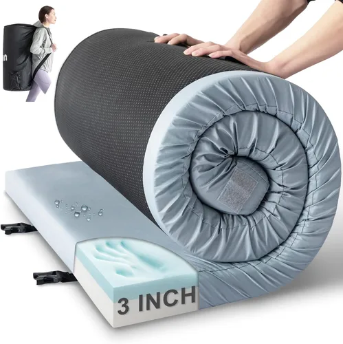 Vista 12 de Kingfun Colchón de espuma viscoelástica CertiPUR-US de 3 pulgadas, almohadilla de dormir impermeable enrollable, tapetes gruesos para piso