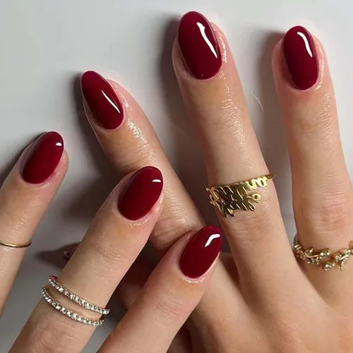 Vista 4 de GLAMERMAID Uñas postizas cortas ovaladas, góticas, hechas a mano, color burdeos gótico, pegamento de gel para otoño, 24 unidades, brillantes