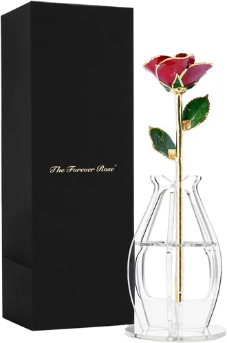 Forever Rose Rosa real de flor abierta roja recortada en oro de 24 quilates | Listo para regalar, presentado en jarrón fantasma y caja de flores,