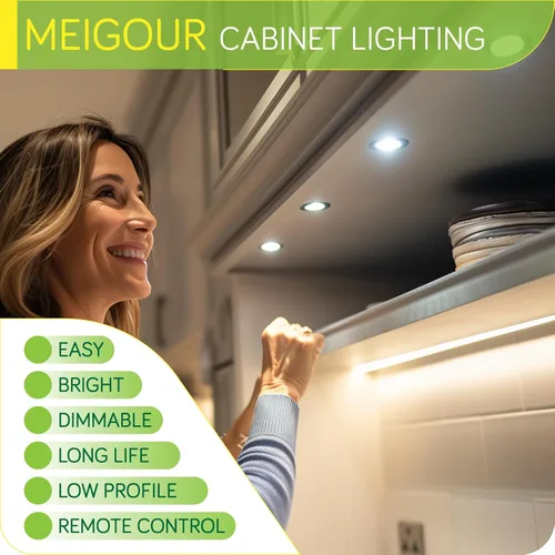 Vista 4 de Kit de iluminación LED para debajo o sobre mostrador, 120 voltios eléctrico con cable para armario de cocina, luces redondas, control remoto