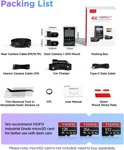 Vista 9 de VIOFO A229 Pro 3 canales 4K HDR Dash Cam, Dual STARVIS 2 Sensores IMX678 e IMX675, 4K+2K+1080P Cámara triple frontal interior y trasera para coche