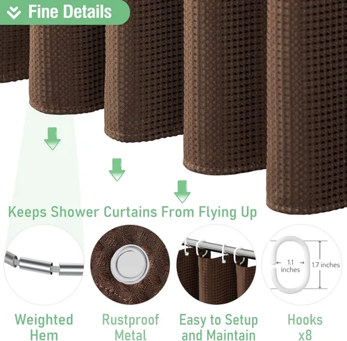 Vista 814 de Cortina de ducha de tela Dynamene verde oscuro - Cortinas de baño de tela de nido de abeja texturizadas resistentes, juego de cortinas de baño