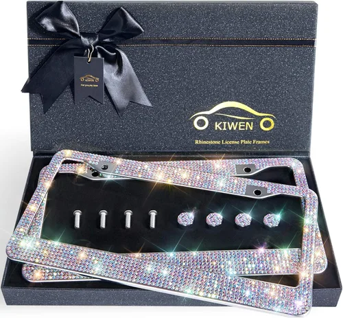 Vista 10 de Marcos de Matrícula Brillantes con Caja de Regalo de Cinta de Alta Gama, Paquete de 2 Marcos de Matrícula de Diamantes de Imitación, Marco