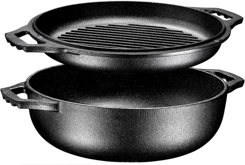 Bruntmor Horno Holandés de Hierro Fundido Presazonado 2 en 1 con Tapa de Parrilla, 3.3 Cuartos - Olla de Horno Holandés Cocotte y Sartén Braseadora