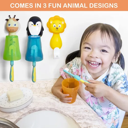 Vista 8 de Giraffe - Soporte para cepillo de dientes para niños, montaje en pared, cerdas ultra suaves, soporte para cepillo de dientes colgante