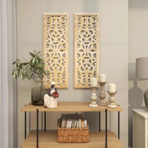 Vista 7 de Deco 79 Decoración de pared de madera floral hecha a mano para el hogar, escultura de pared arabesca tallada intrincadamente, arte de pared de 12 x