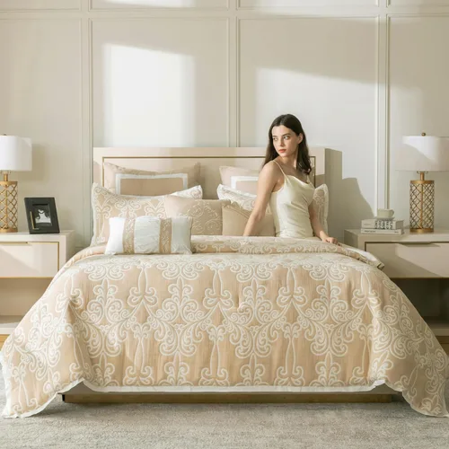 Vista 9 de Conjunto de edredón de algodón Grand Avenue tamaño Queen, 6 piezas, juego de ropa de cama geométrica jaspeada beige, faldón para cama, almohadas