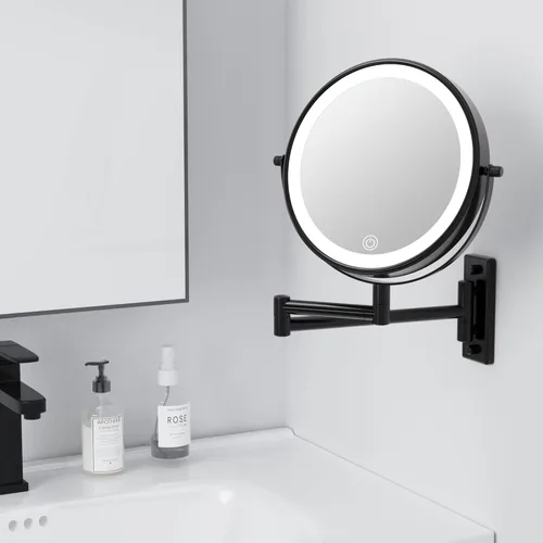 Vista 7 de Espejo de maquillaje montado en la pared con luces, espejo de aumento de tocador de baño de 8 pulgadas con aumento 1X/10X y brazo extensible, negro
