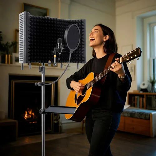 Vista 3 de Soporte de micrófono con escudo de aislamiento de 5 lados, cabina insonorizada de grado de estudio con filtro pop y espuma de alta densidad, trípode